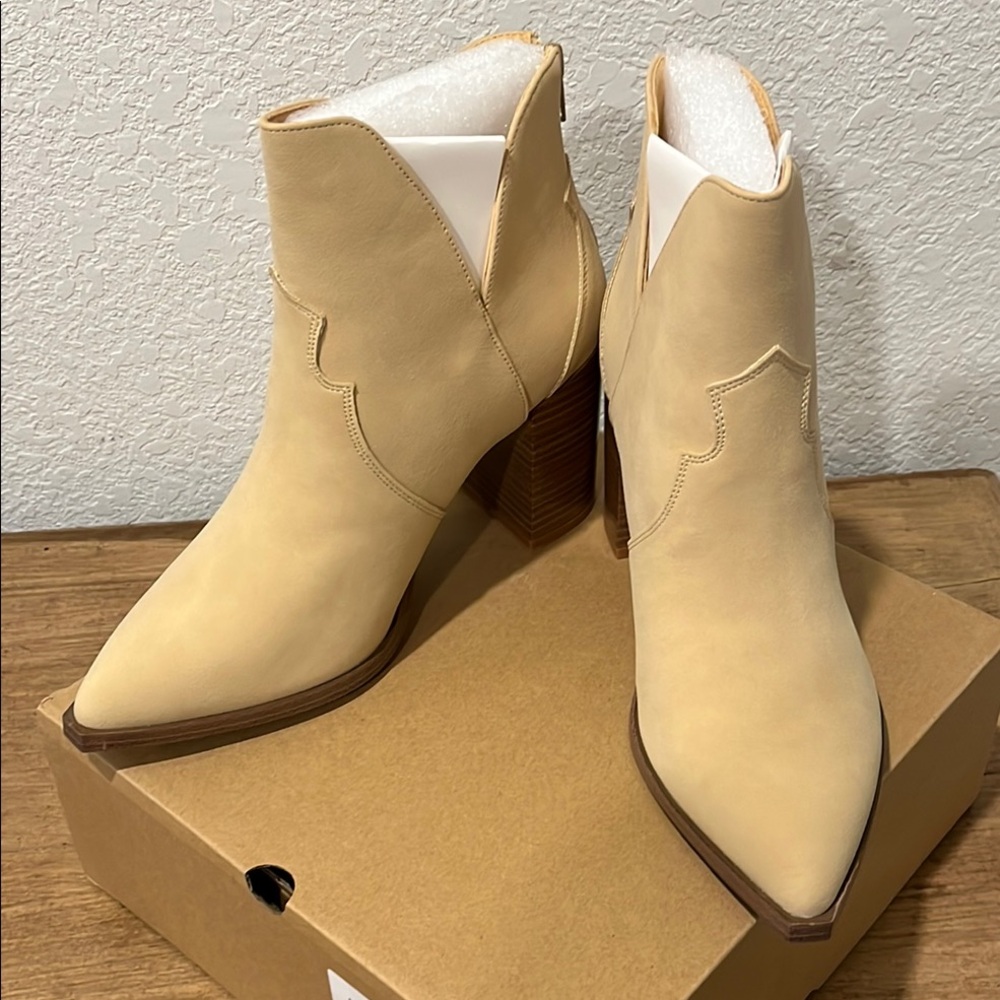 Tan Ankle Booties with Pointed Toe and Stacked Heel, Cowgirl or Dress Style